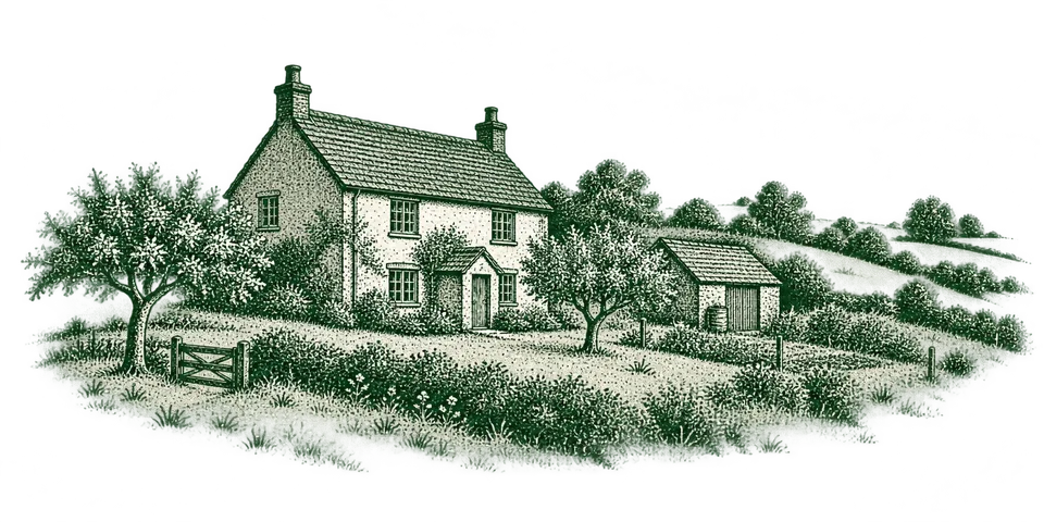 Low-fi field-guide illustration of a cottage, orchard trees and an outbuilding on a small plot